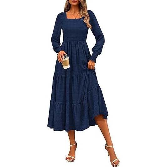 Women's puff sleeve square neck high waist dress