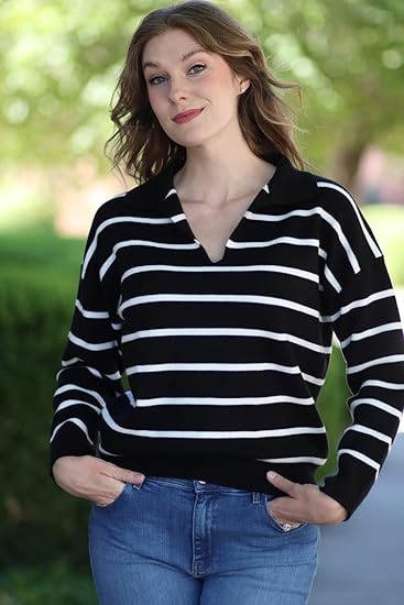 Women's striped long-sleeved pullover sweater