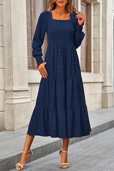 Women's puff sleeve square neck high waist dress