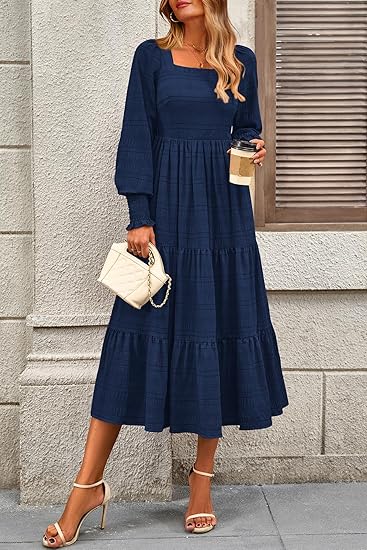 Women's puff sleeve square neck high waist dress