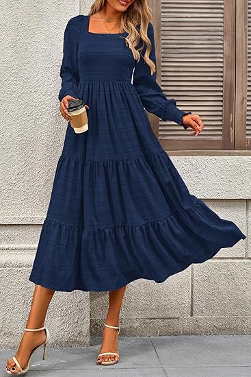 Women's puff sleeve square neck high waist dress